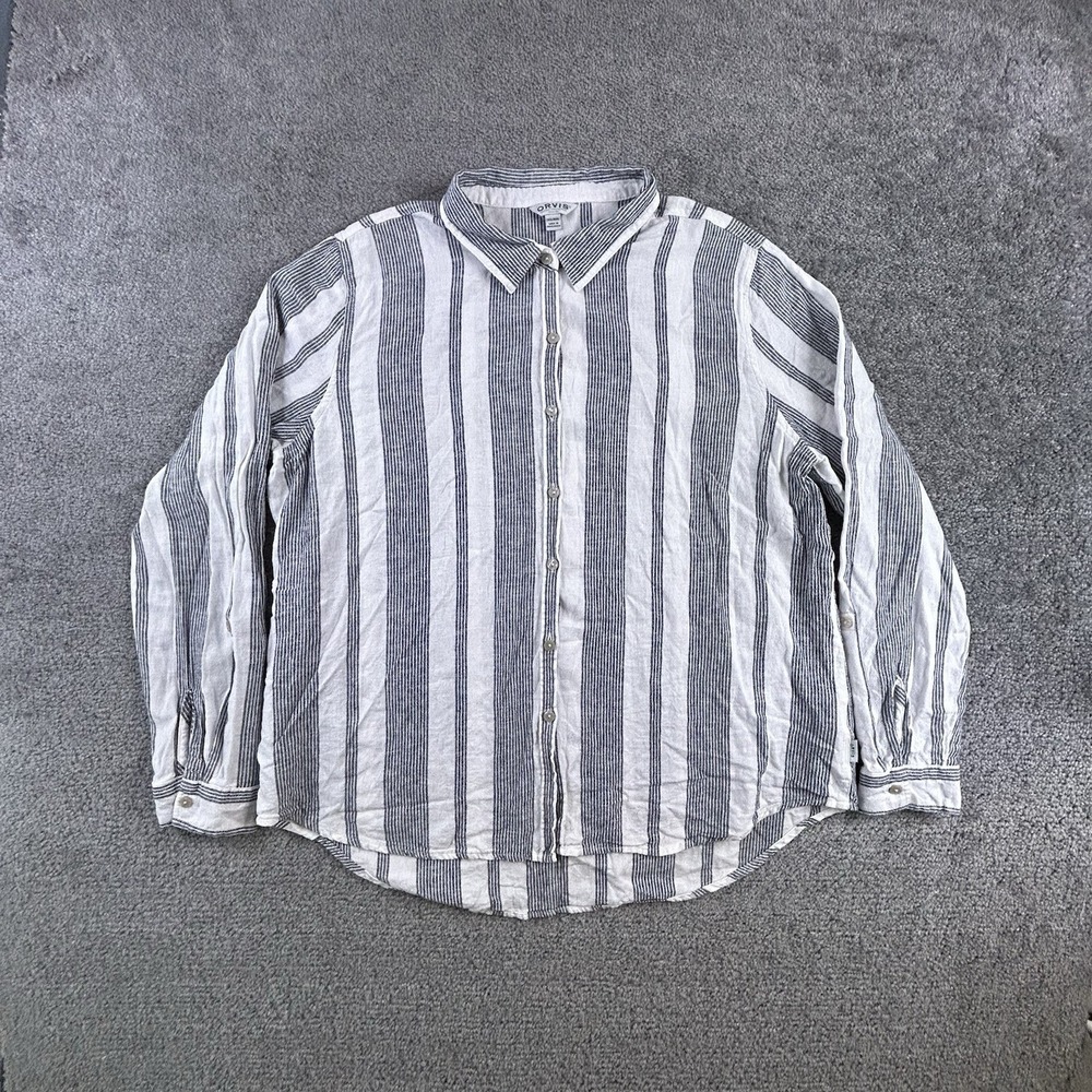 Orvis Classic Collection Womens 2XL Striped Linen Blend Button Down Shirt Navy